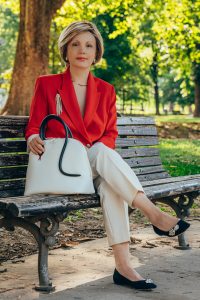 Ruzica Tadic (Mrs. Mom) in red blazer resents elegant and refined women’s fashion and lifestyle inspiration for women over 50 on the Mr.M blog.
