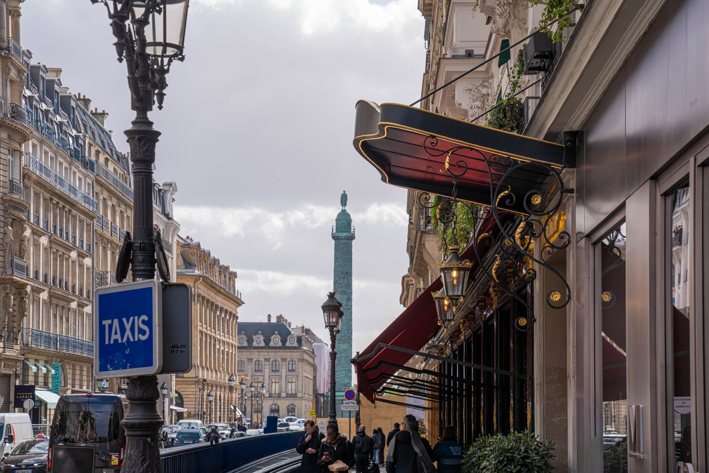 Rue de la Paix near Place Vendôme in Paris with a "TAXIS" rank sign