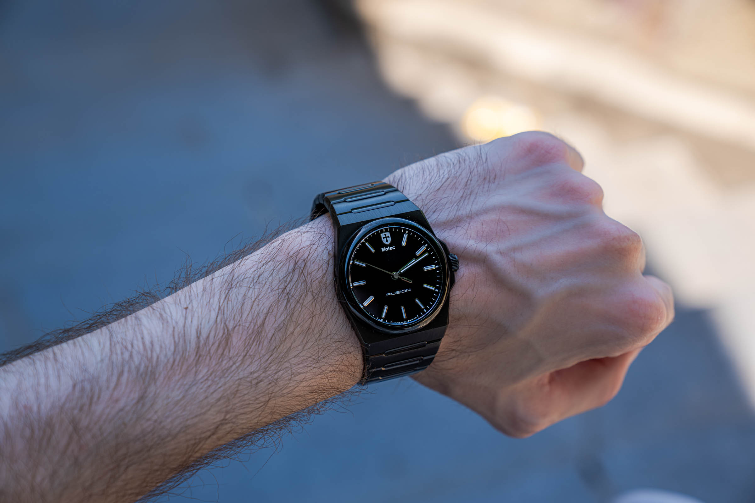 Top view of the black Biatec Fusion 03 integrated bracelet watch on the wrist of Marko Tadić, founder of the Mr.M blog
