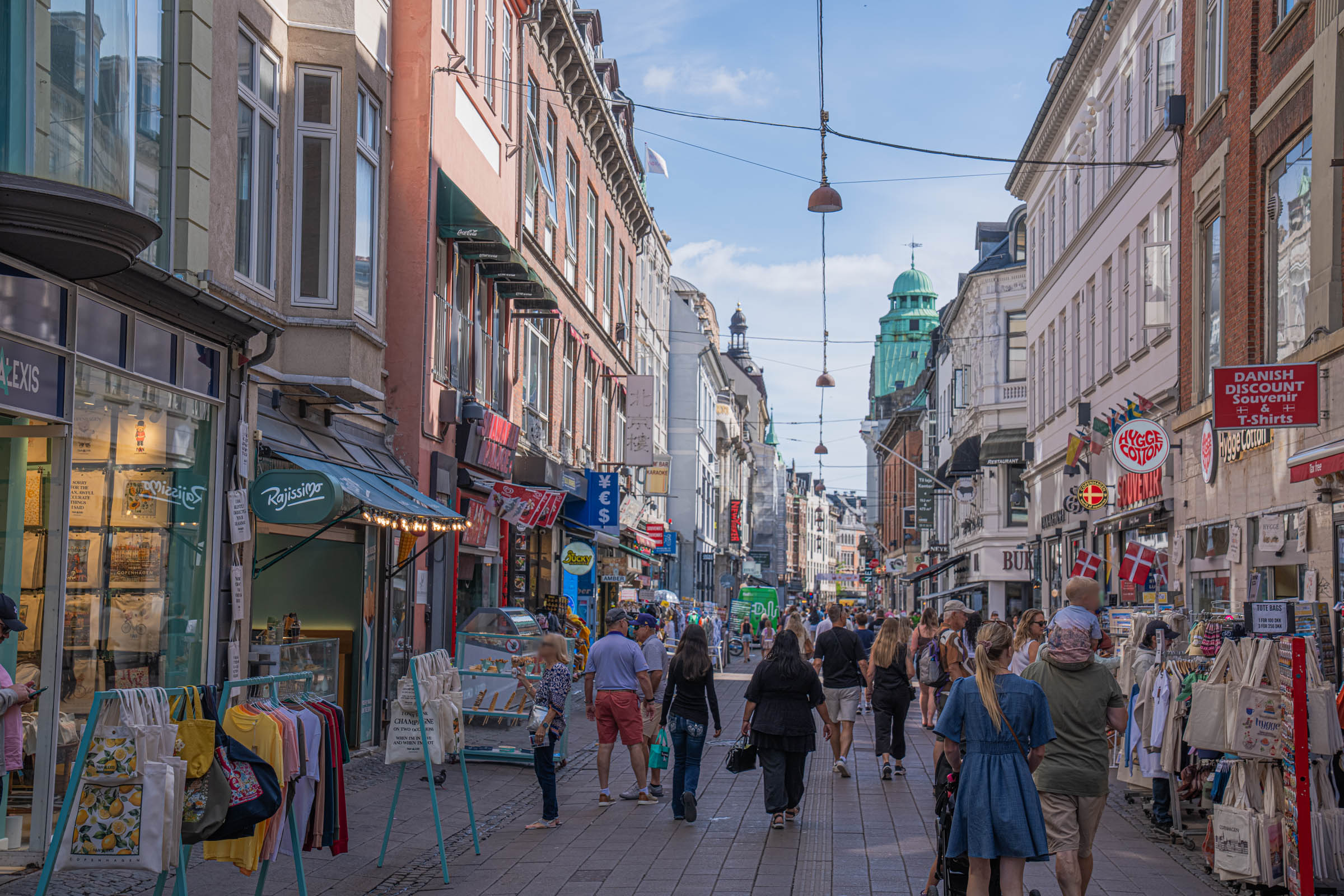 Busy summer afternoon on Strøget, the long pedestrian shopping street in the centre of Copenhagen