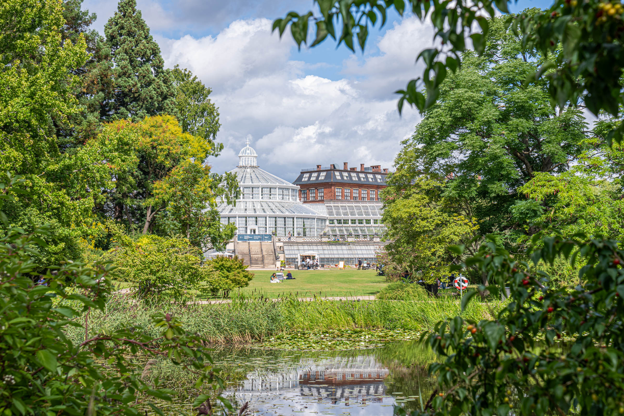 Glass Palm House of the Copenhagen Botanical Garden reflected in the water lily pond