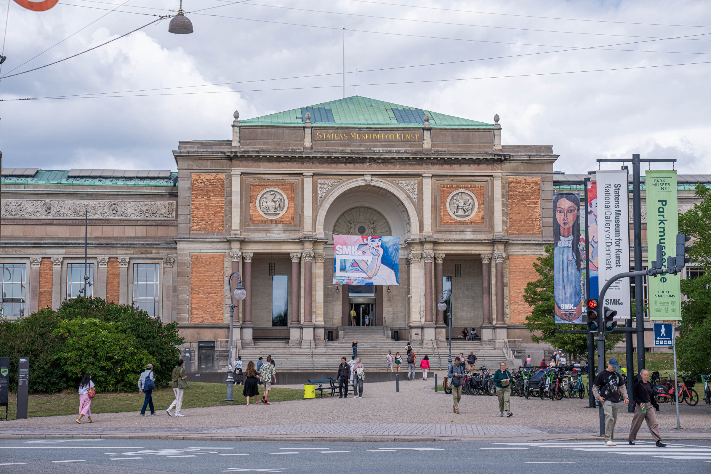 Facade of Statens Museum for Kunst, the National Gallery of Denmark, with exhibition banners in Copenhagen