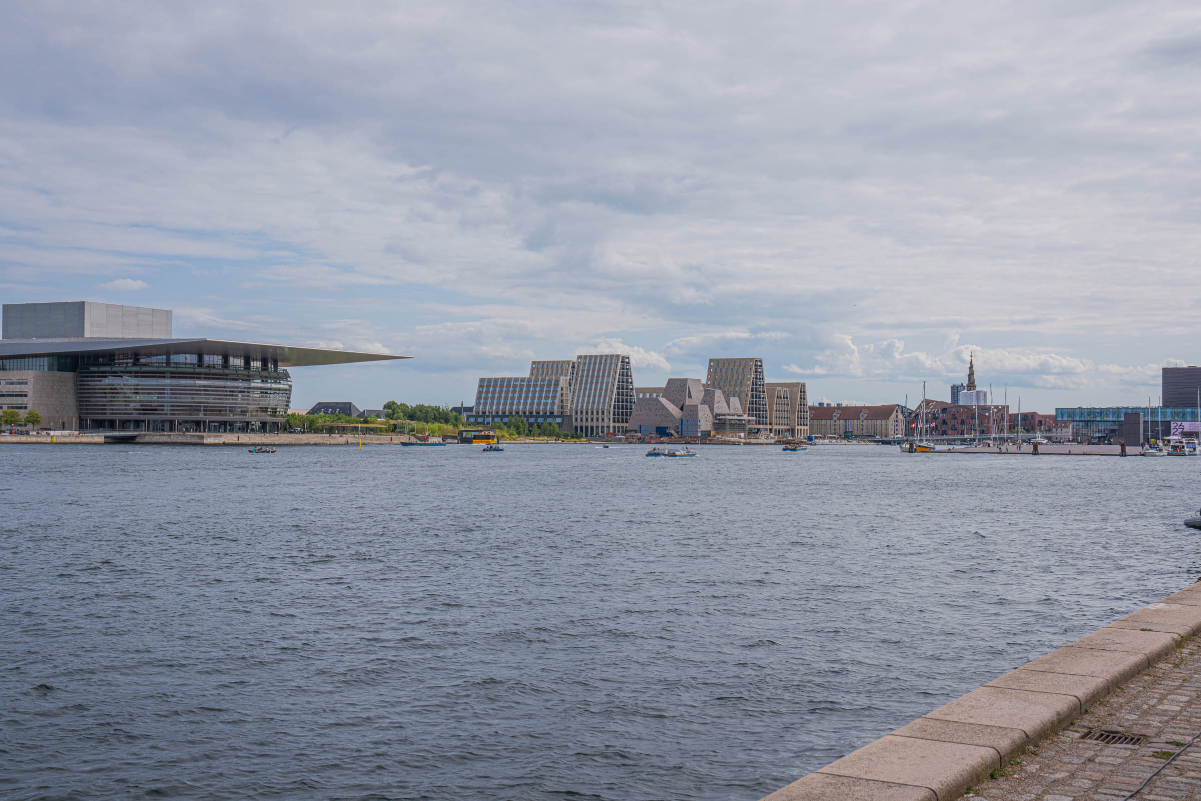 Panorama of Copenhagen harbour with the Opera House and the stepped modern buildings of Papirøen