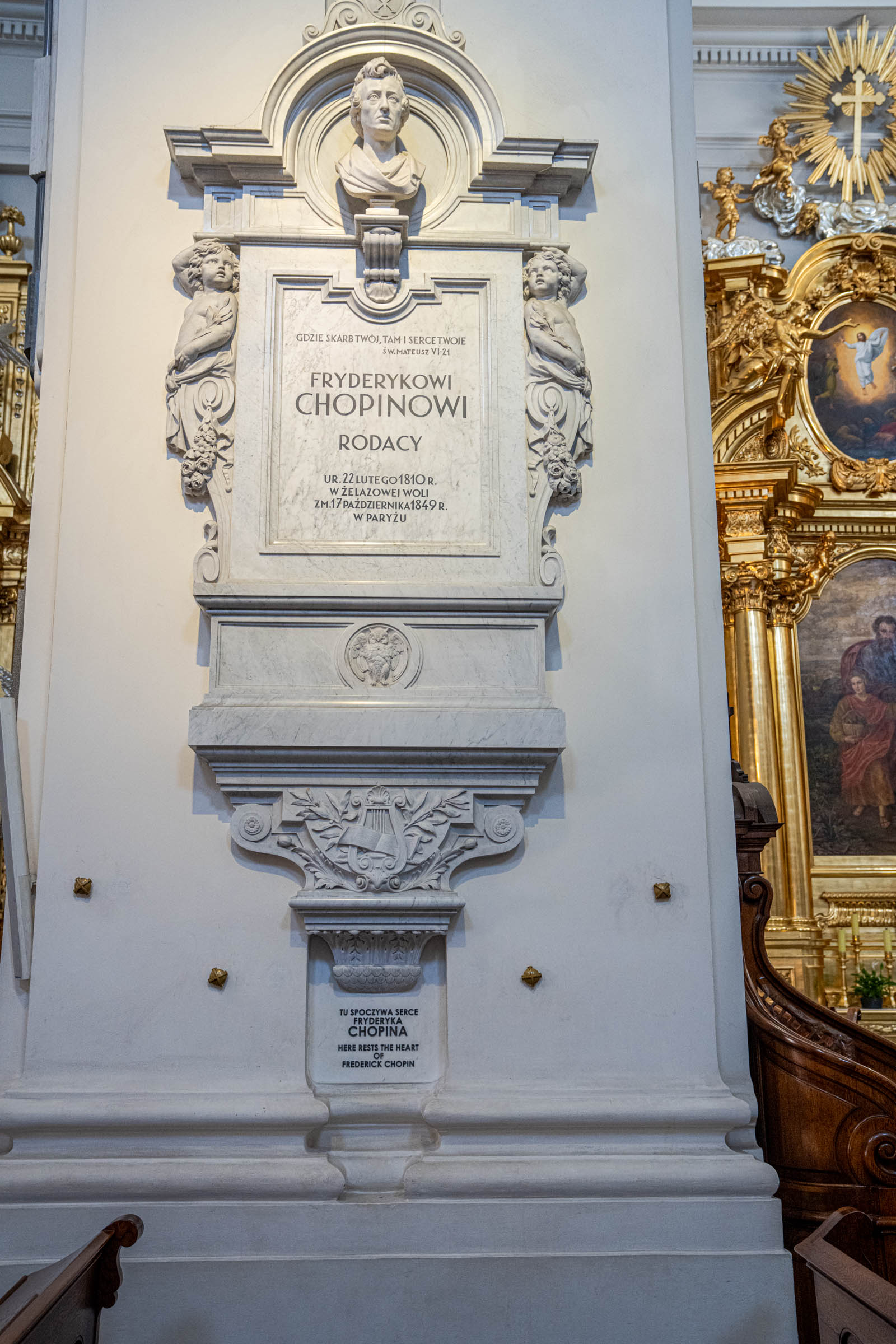 Chopin memorial pillar in the Holy Cross Basilica Warsaw with marble bust and lyre relief, Mr.M by Marko Tadić