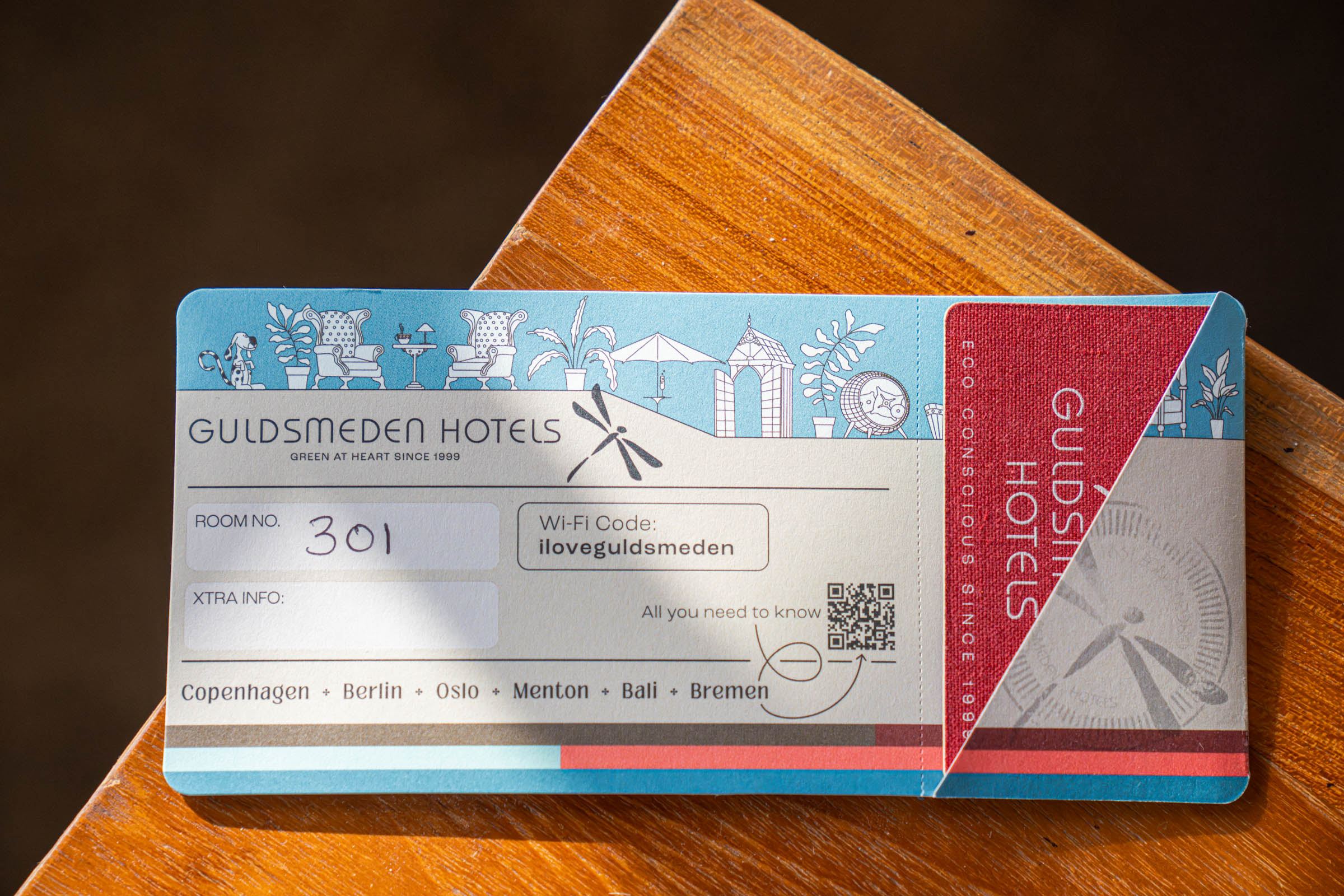 Guldsmeden Hotels key card wallet showing room 301, the wifi code and the group's city list, photo by Marko Tadić, founder of Mr.M blog