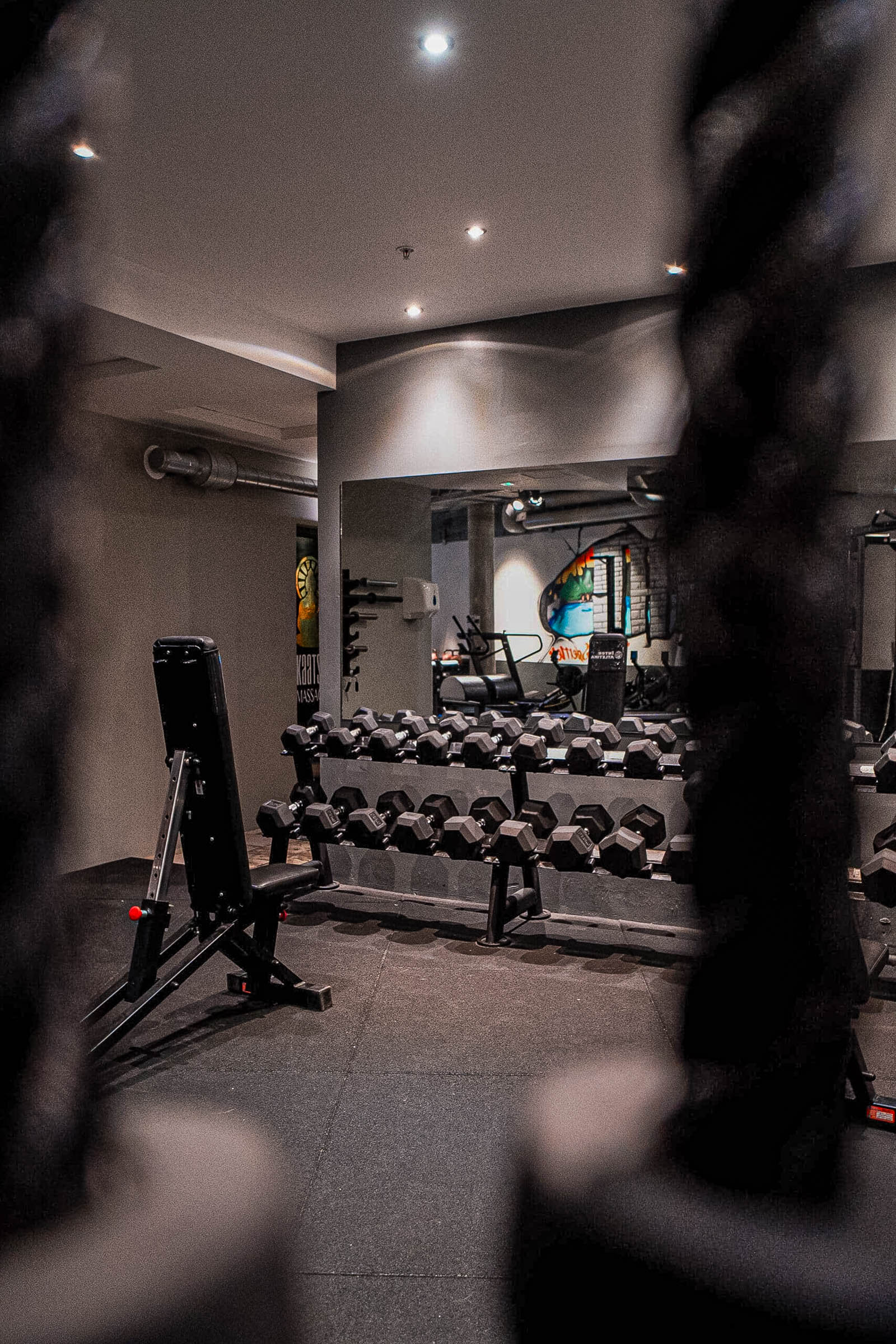 The Jungle Gym at Manon Les Suites Guldsmeden with dumbbell racks, bench and graffiti wall, open around the clock