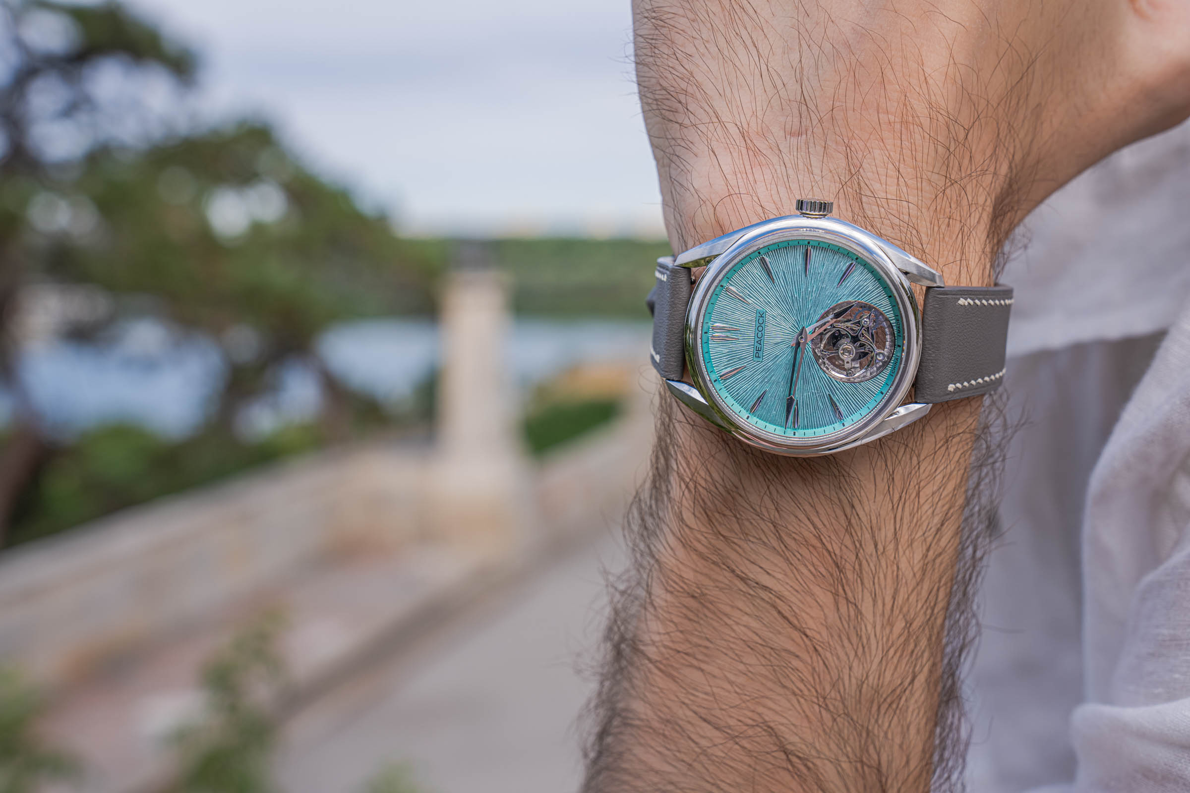 Hand-chased glacial green dial of the Peacock Divine Craft Tourbillon worn by Marko Tadić