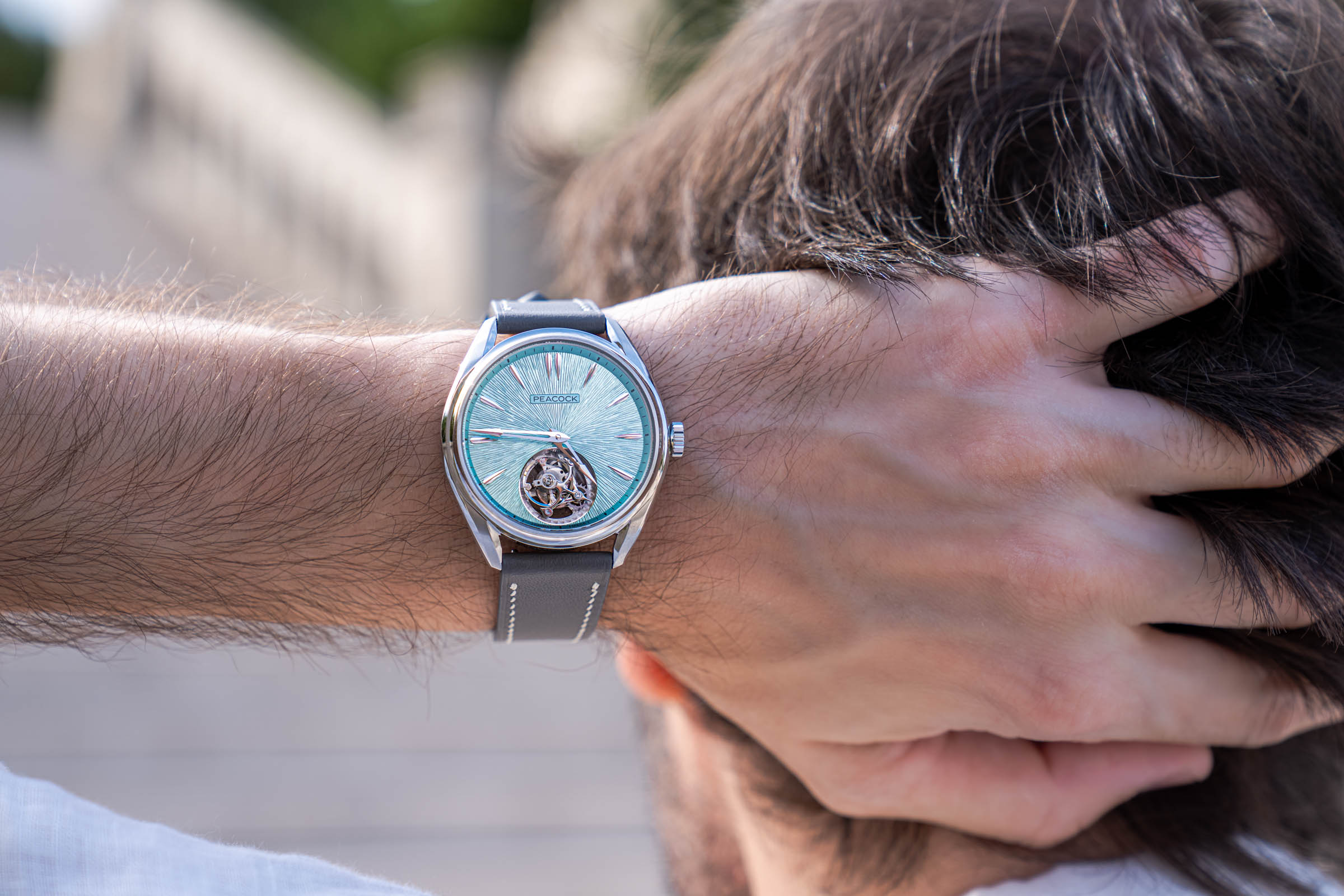Angled view of the micro-chased Peacock tourbillon dial worn by Marko Tadić, Mr.M blog
