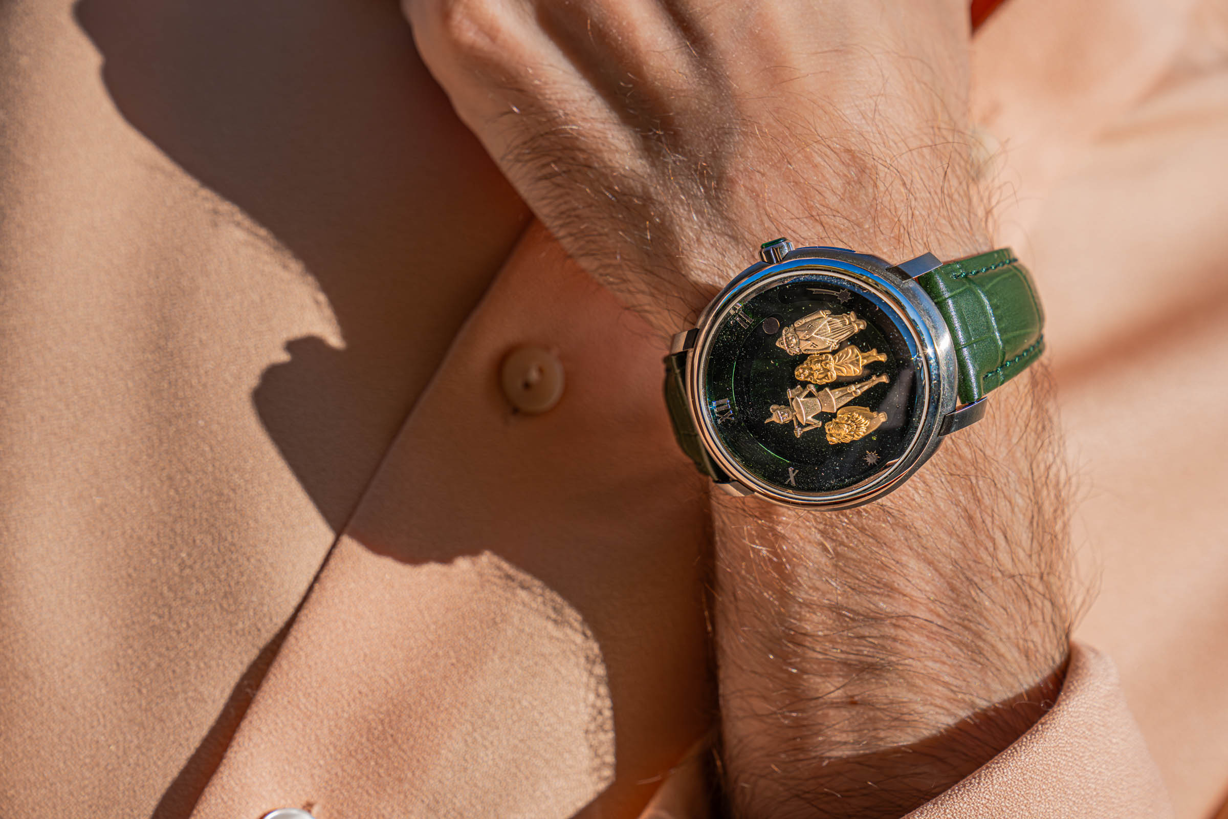 Gold and silver fairy tale heroes on the aventurine dial of Marko Tadić's Dmitry Chugunov watch