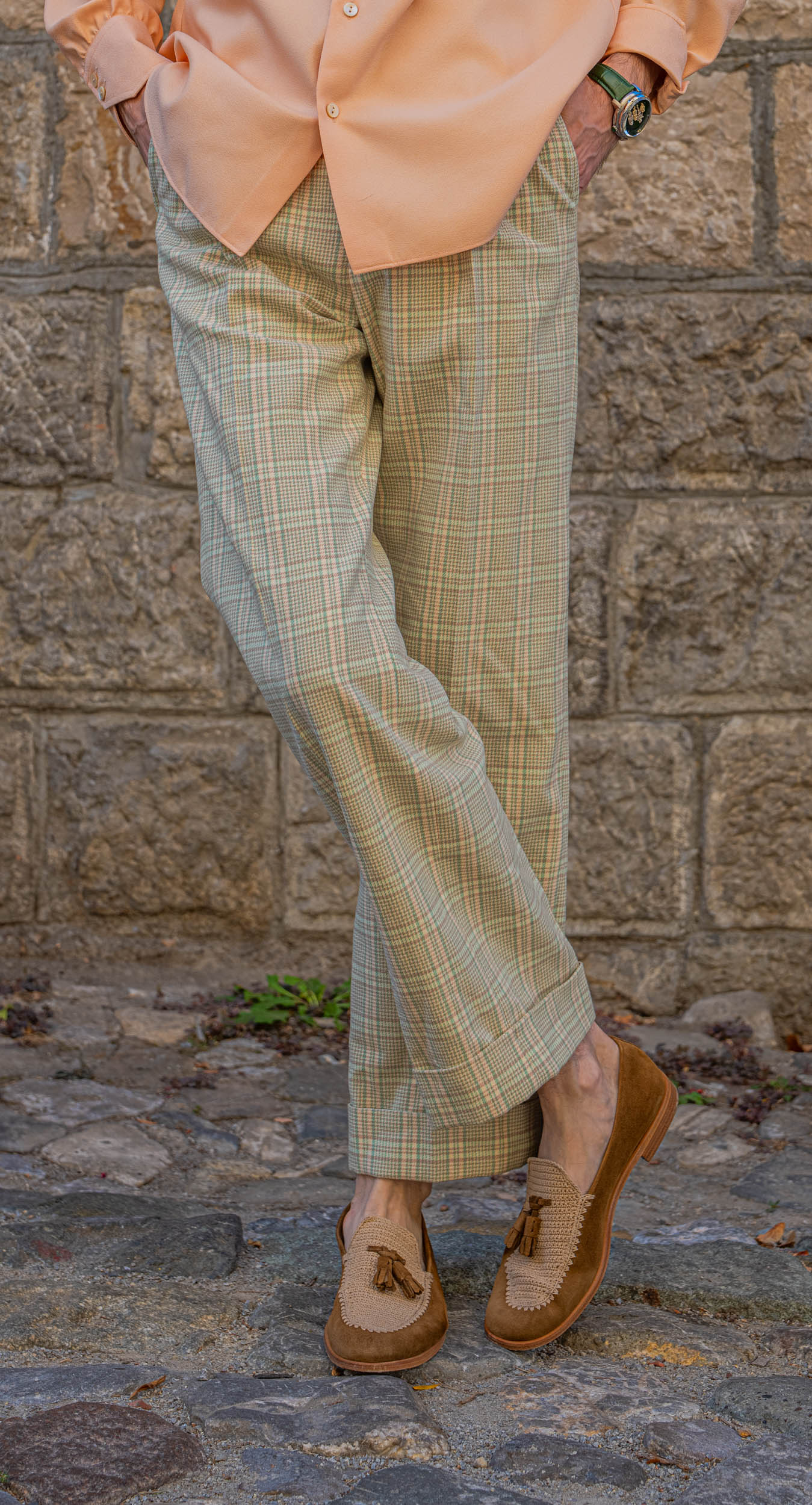 Gucci glen check wool trousers and crochet Fratelli Rossetti Brera tassel loafers worn by Marko Tadić