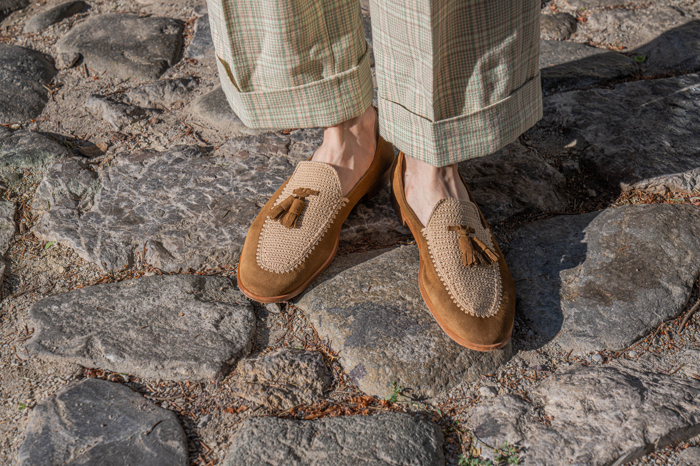 Fratelli Rossetti Brera Green Side loafers in tobacco suede with a hand-crocheted vamp, worn by Marko Tadić